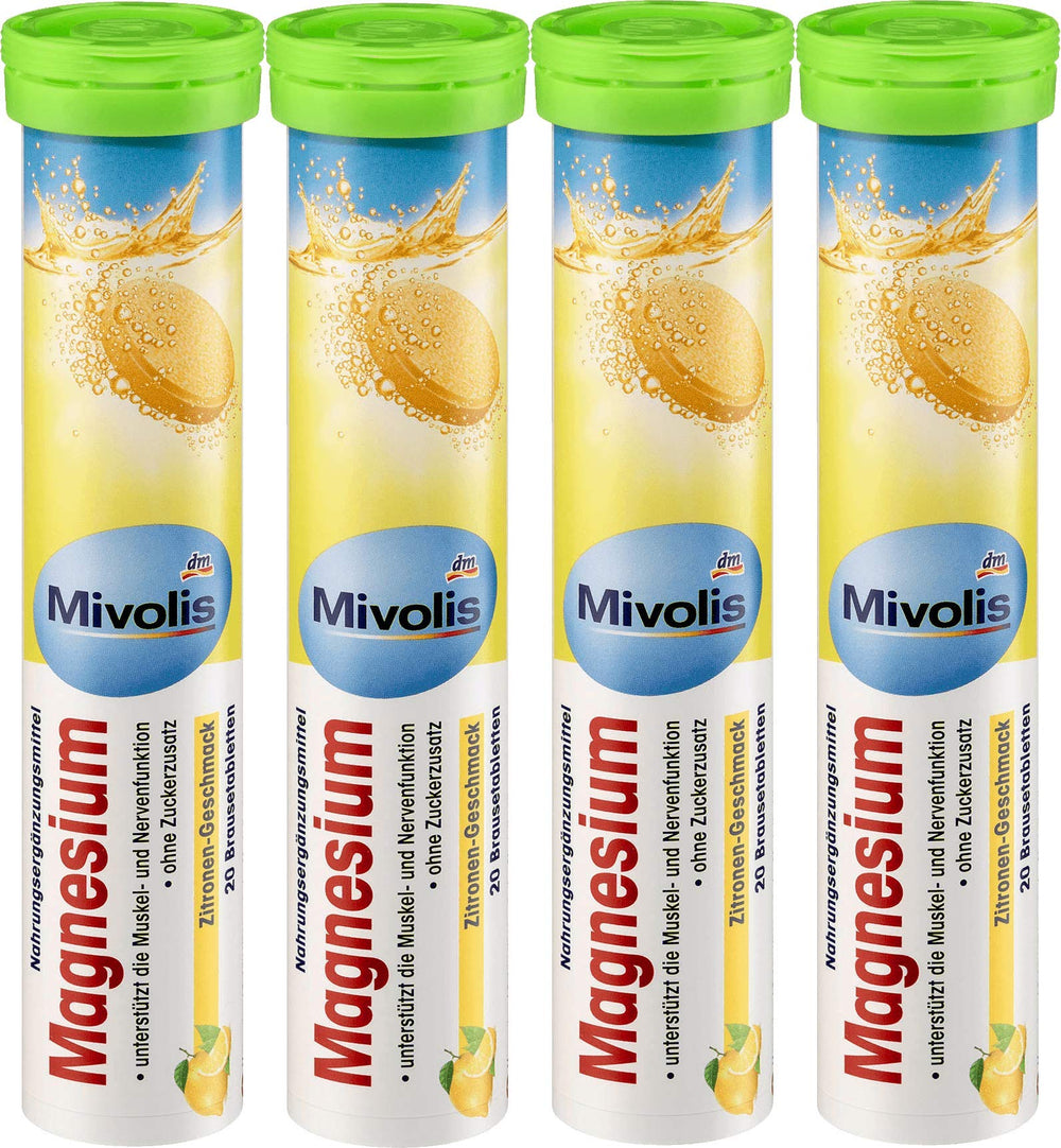 Mivolis Magnesium effervescent tablets lemon flavor in pack, sugar-free daily use.