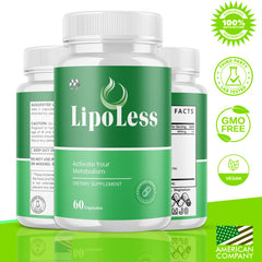 MJO LipoLess 3-pack bottle back reveals vitamin blend for daily wellness