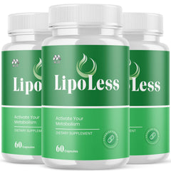 MJO LipoLess 3-pack bottle front view shows all natural ingredients for active living