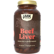 MK Supplements grass-fed beef liver desiccated capsules in a jar for daily energy support.