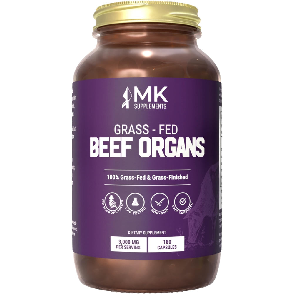 MK Supplements grass-fed beef organ bottle shows multi-organ blend for daily nourishment.