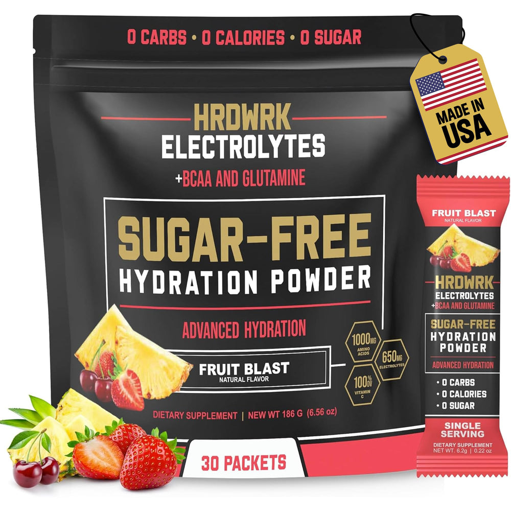 MMA Nutrition HRDWRK electrolytes Fruit Blast pouring from a packet for workout hydration