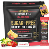 MMA Nutrition HRDWRK electrolytes Fruit Blast pouring from a packet for workout hydration
