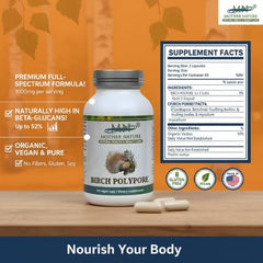 Mn Mother Nature Birch Polypore capsules closeup highlighting vegan pills for gut health.