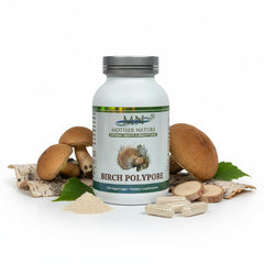 Mn Mother Nature Organic Birch Polypore capsules bottle view for daily gut balance.