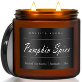 MOASITN pumpkin spice candle in amber jar delivering long-lasting, cozy fragrance.