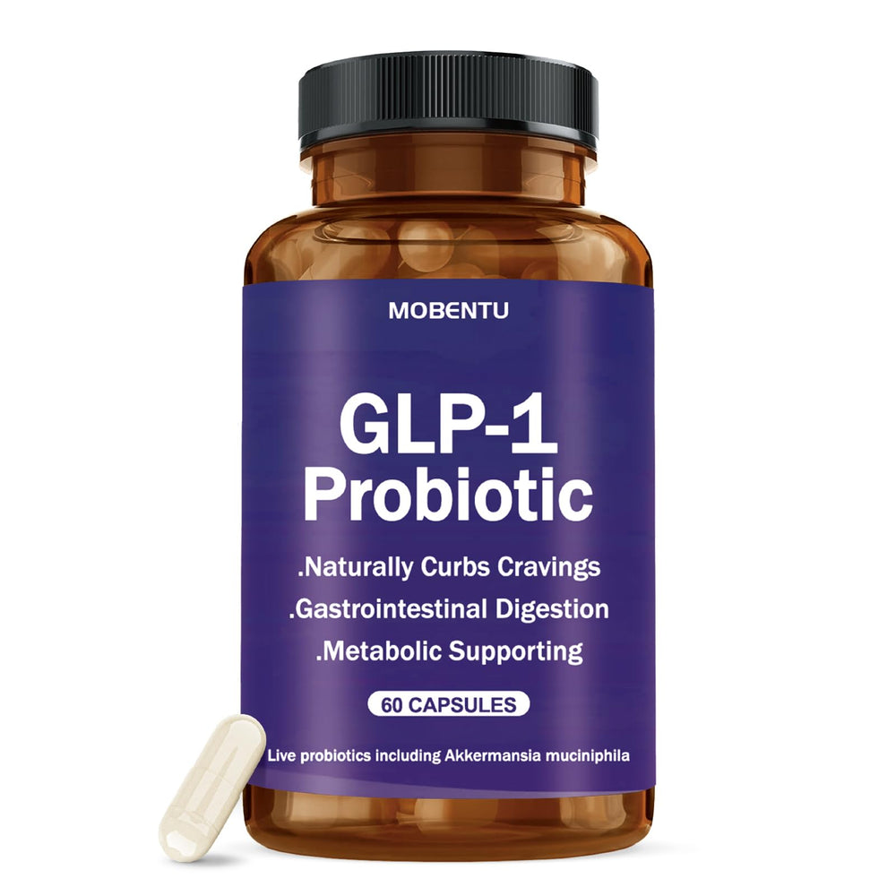 Mobentu GLP-1 Probiotic Akkermansia bottle highlights a high-potency gut health formula