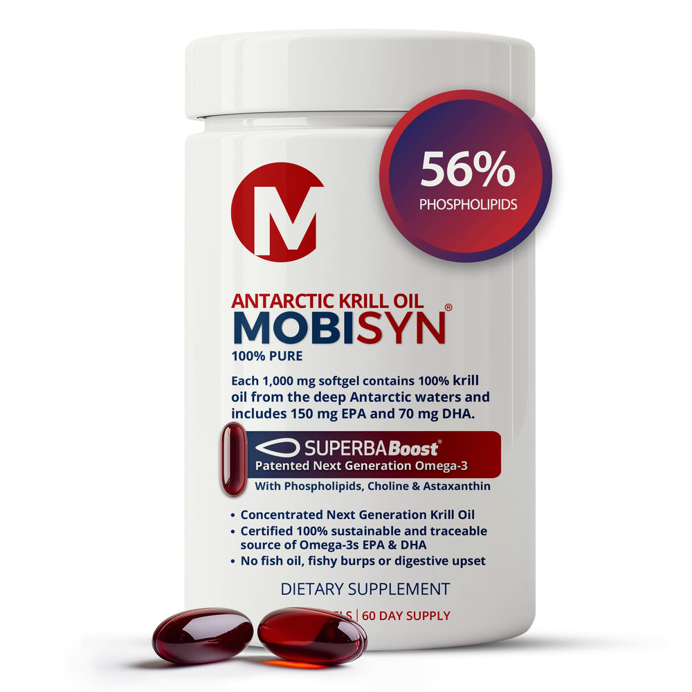 Mobisyn Krill Oil bottle on white highlights pure Antarctic sourcing for daily omega-3.