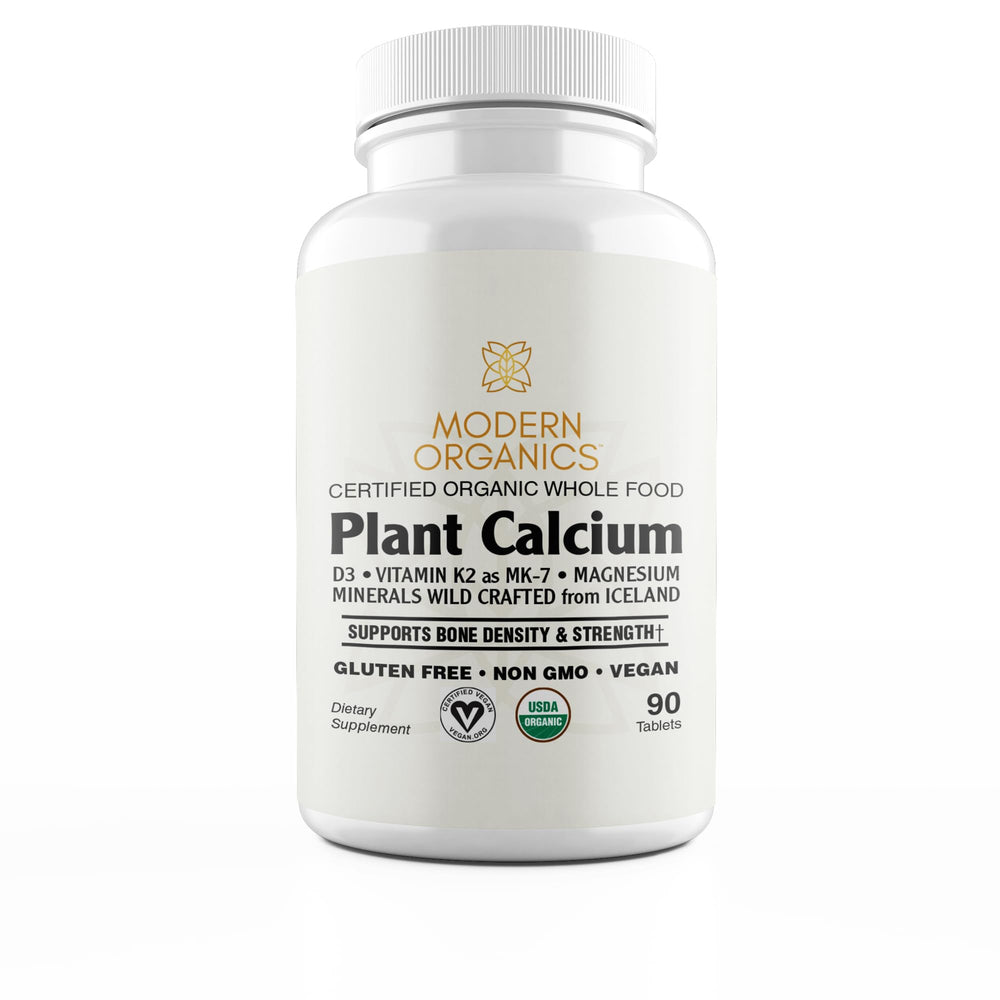Modern Organics Plant Calcium bottle label highlights Aquamin calcium for bone support.