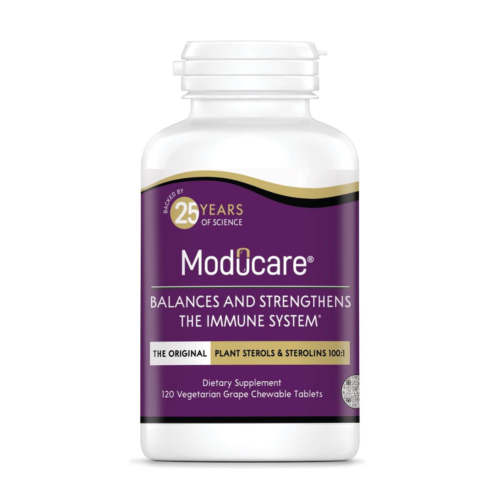 Moducare Daily Immune bottle displaying grape-flavored tablets for daily immune support.