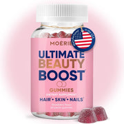 Moerie gummies bottle pour showing easy daily support for hair, skin, and nails