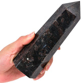 MOGEMT Astrophyllite Quartz Obelisk Tower front view on altar demonstrating a striking focal point