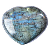 MOGEMT Labradorite heart crystal close-up reveals iridescent color for mindful focus.