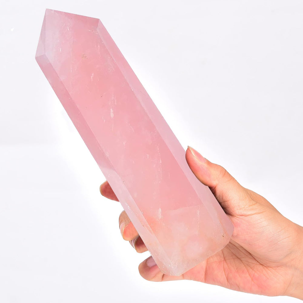 MOGEMT rose quartz obelisk tower seen from the front for a harmonious space.