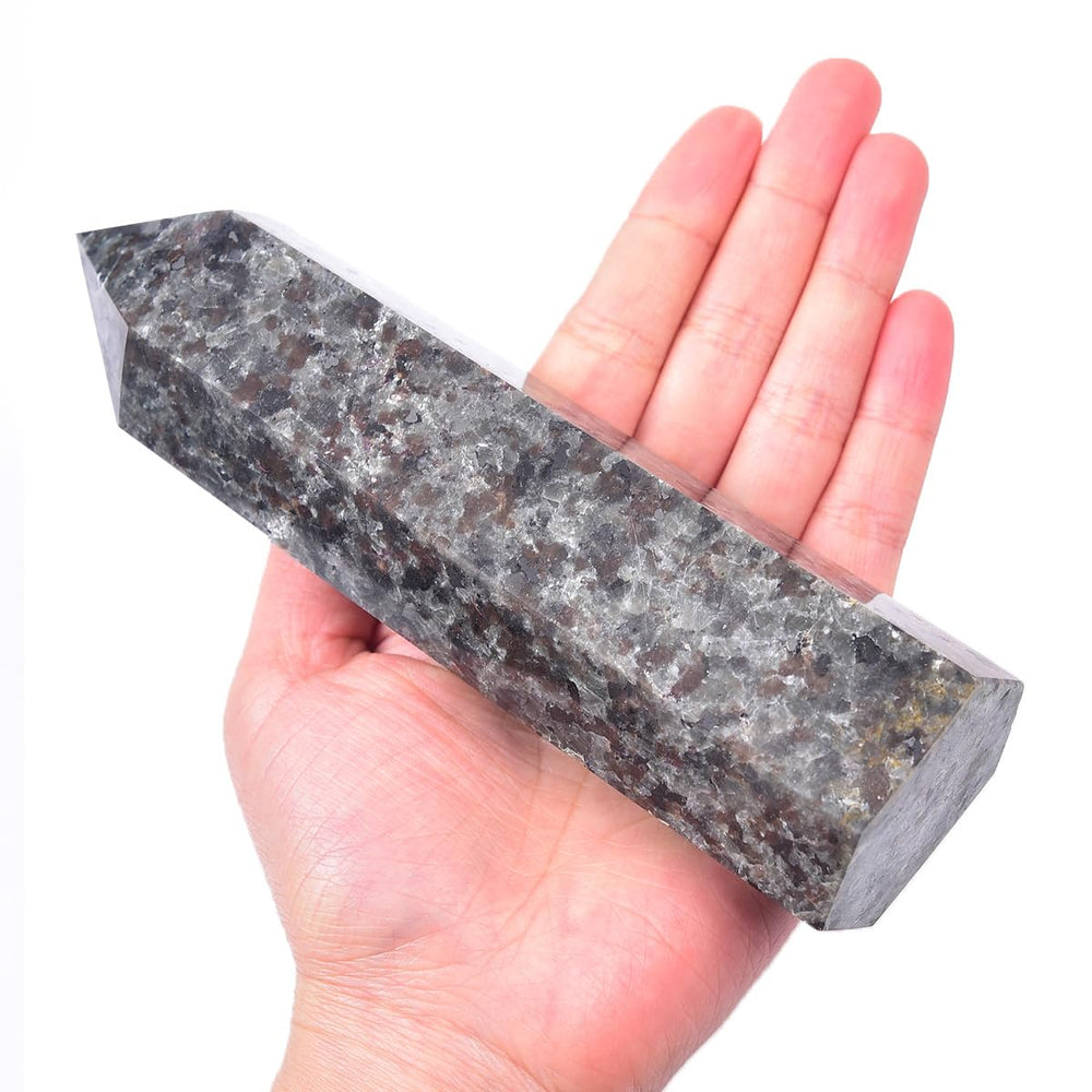 MOGEMT Yooperlite crystal tower, 6-faceted point, glows orange under UV light for energizing ambience.