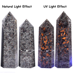 MOGEMT Yooperlite Tower UV glow reveals a bright orange fluorescence.