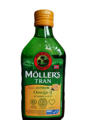 Moller's Tran cod liver oil dosing spoon showing measured serving for kids and adults.