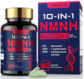 Molorik Pure NMNH bottle front view showcasing sleek packaging and dosing information for NAD support