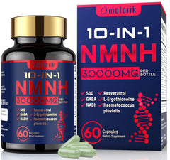 Molorik Pure NMNH bottle front view showcasing sleek packaging and dosing information for NAD support