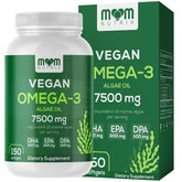 MOM NUTRIX vegan omega-3 bottle front view showing algae-based DHA and EPA benefits.