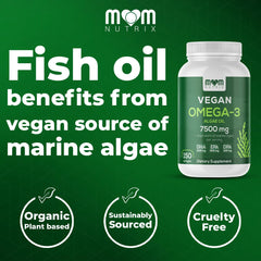 MOM NUTRIX vegan omega-3 softgels close-up emphasizing plant-based capsules.