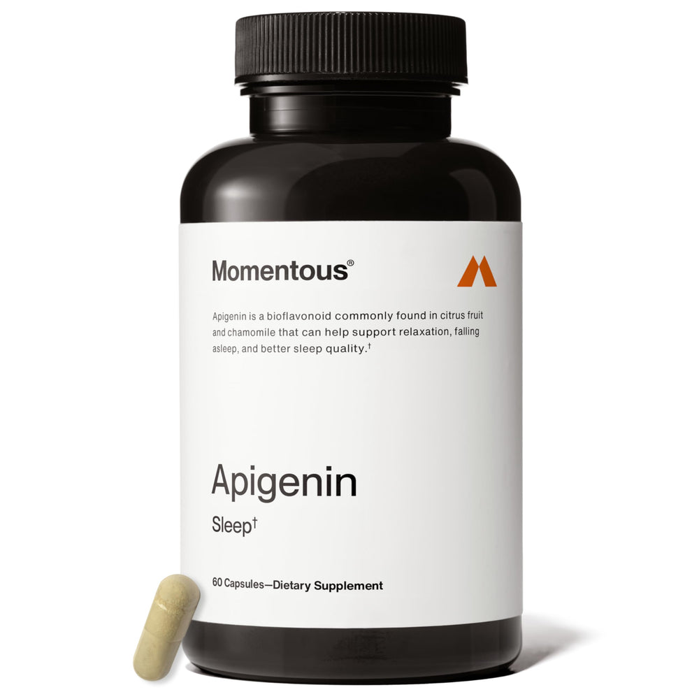 Momentous Apigenin bottle with 50 mg capsules ready for nightly use.