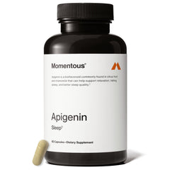 Momentous Apigenin bottle with 50 mg capsules ready for nightly use.
