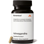 Momentous Ashwagandha supplement bottle supports daily cognitive focus.