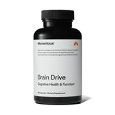 Momentous Brain Drive bottle front, non-stimulant focus support for studying.