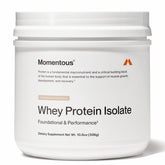 Momentous Essential grass-fed whey powder in chocolate coconut for a tasty protein boost.