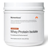 Momentous Essential Grass-Fed Whey tub front – post-workout recovery hint.