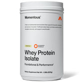 Momentous essential grass-fed whey tub vanilla front view shows premium protein for post-workout recovery.