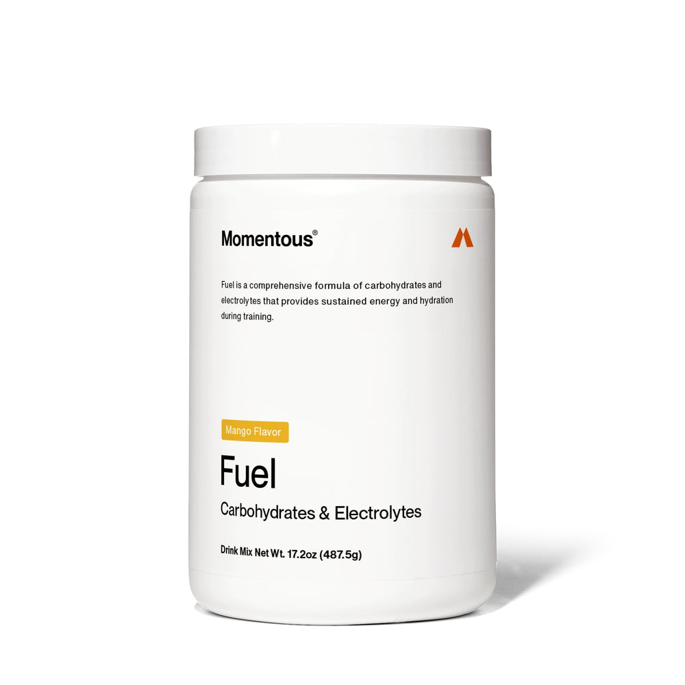 Momentous Fuel Mango powder tub ready to mix for sustained energy during workouts