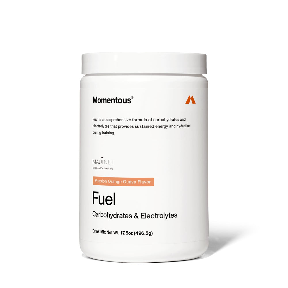 Momentous Fuel powder tub label for premium intra-workout hydration