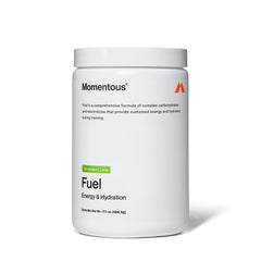 Momentous Fuel strawberry lime powder tub emphasizing sustained energy for workouts
