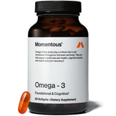 Momentous Omega-3 bottle-front shows high-potency EPA and DHA for heart and brain support