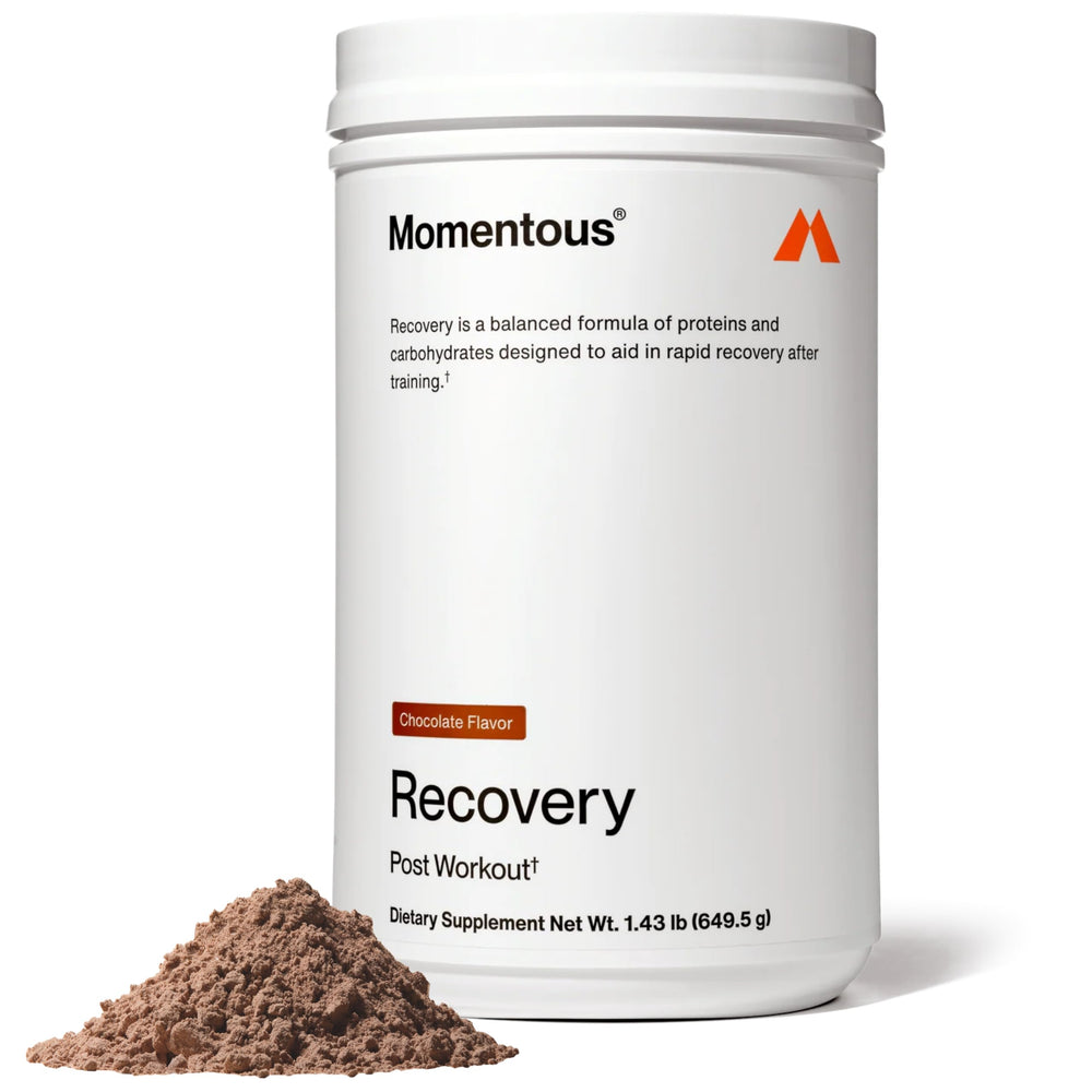 Momentous Recovery chocolate whey tub for post-workout nutrition and protein support