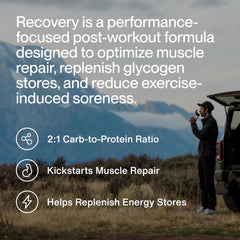 Momentous Recovery vanilla whey scoop highlighting convenient daily protein boost.