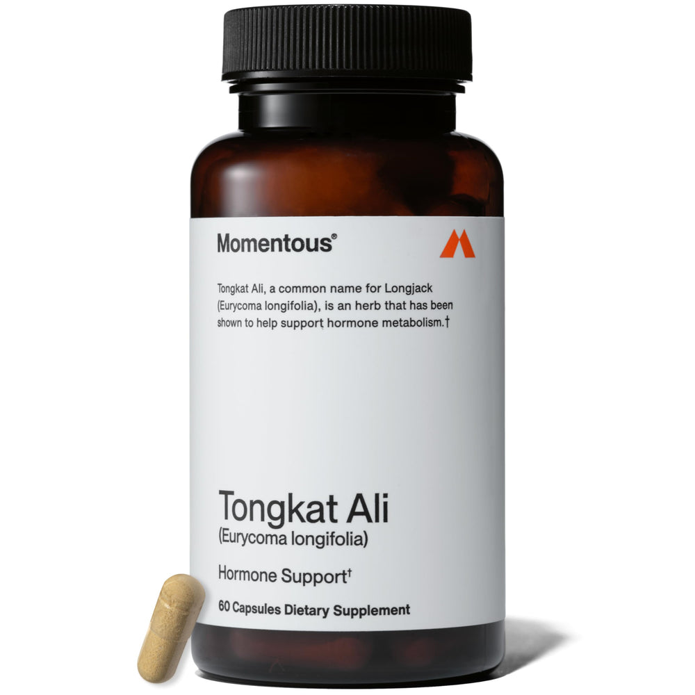 Momentous Tongkat Ali powder bottle for daily use to support energy and mood.