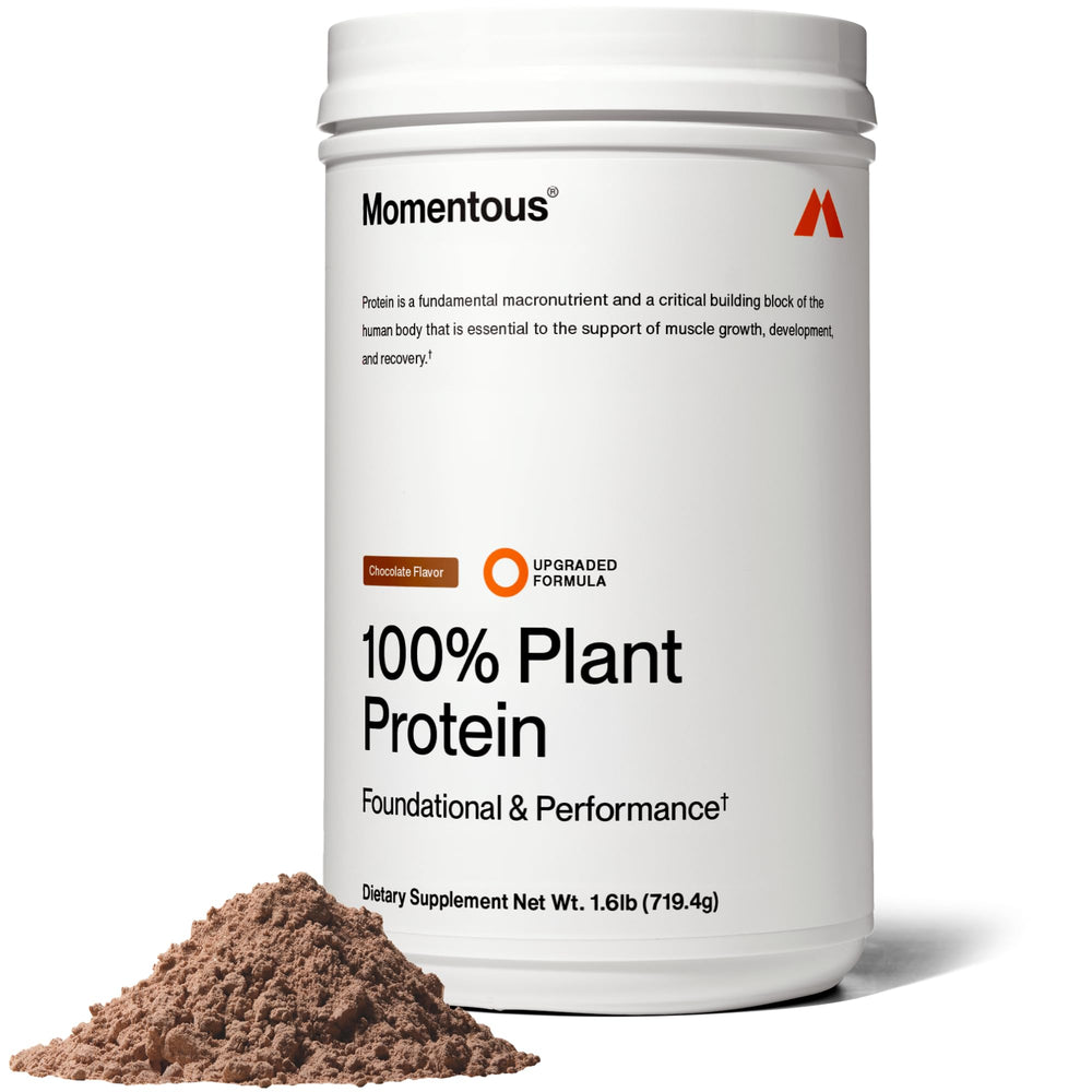 Momentous vegan protein powder chocolate tub front, 20 g protein for workouts