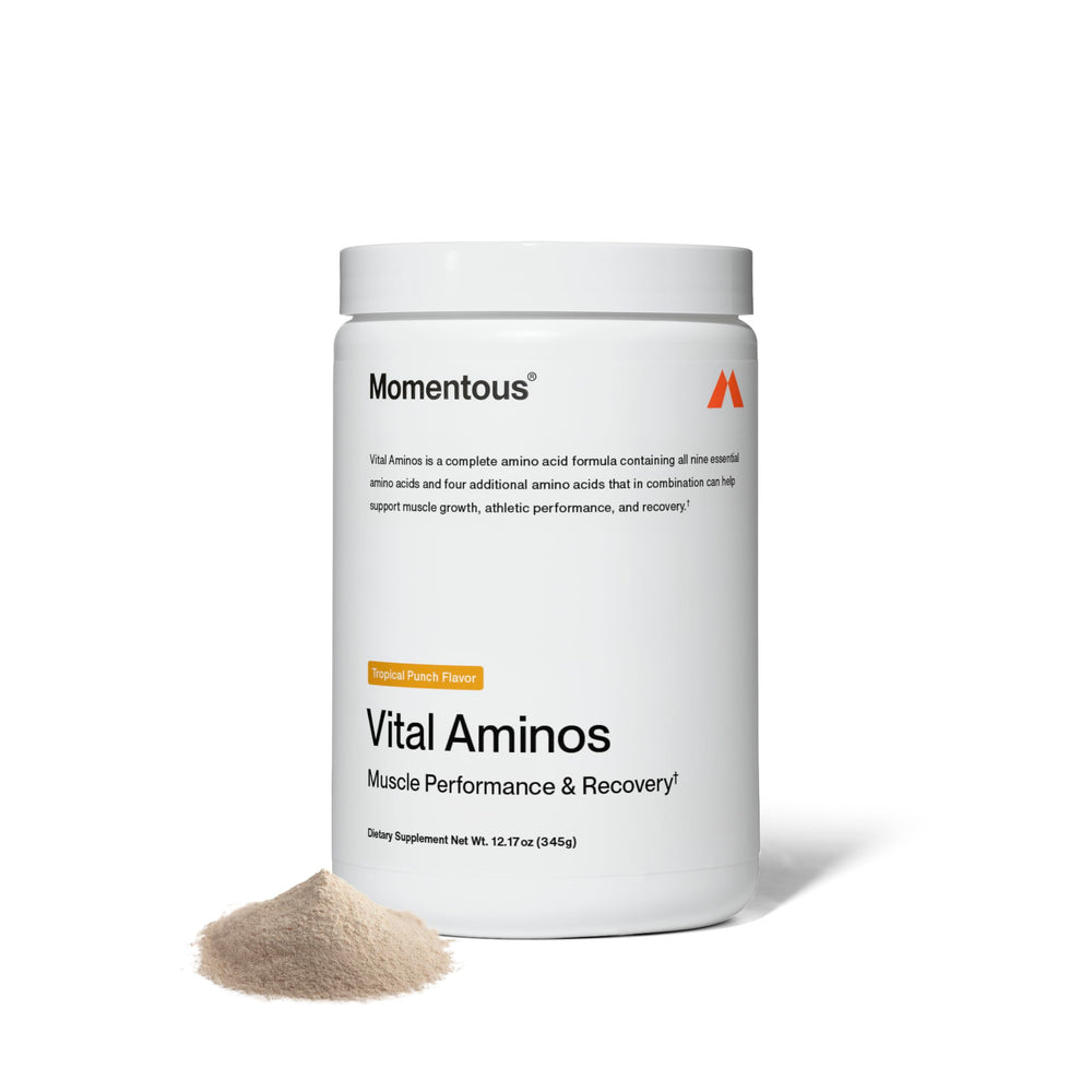 Momentous Vital Aminos Tropical Punch tub provides daily amino support.