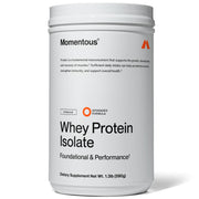 Momentous essential grass-fed whey bottle close-up for versatile unflavored use.