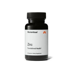 Momentous Zinc Picolinate bottle front shows 15 mg daily dose for immune and hormone support.