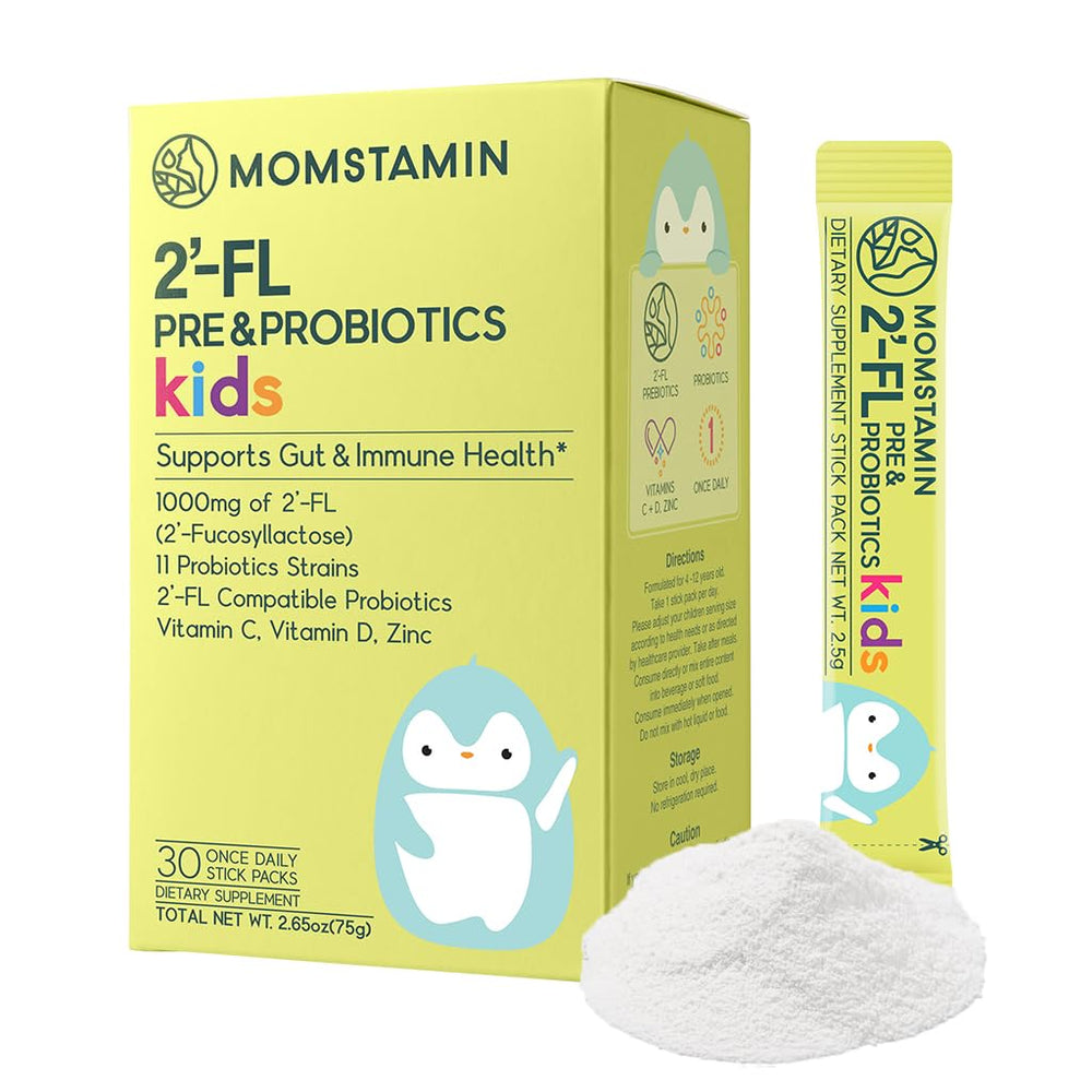 Momstamin 2'-FL HMO sachets pack for kids' gut health.