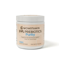 Momstamin Purity 2'-FL bottle close-up shows GRAS prebiotic formula.