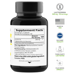 MONOHERB Lactoferrin bottle label highlighting vegan capsules and allergen-free formula