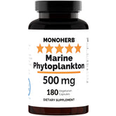 Monoherb Marine Phytoplankton bottle pour showing smooth, easy-to-swallow capsules