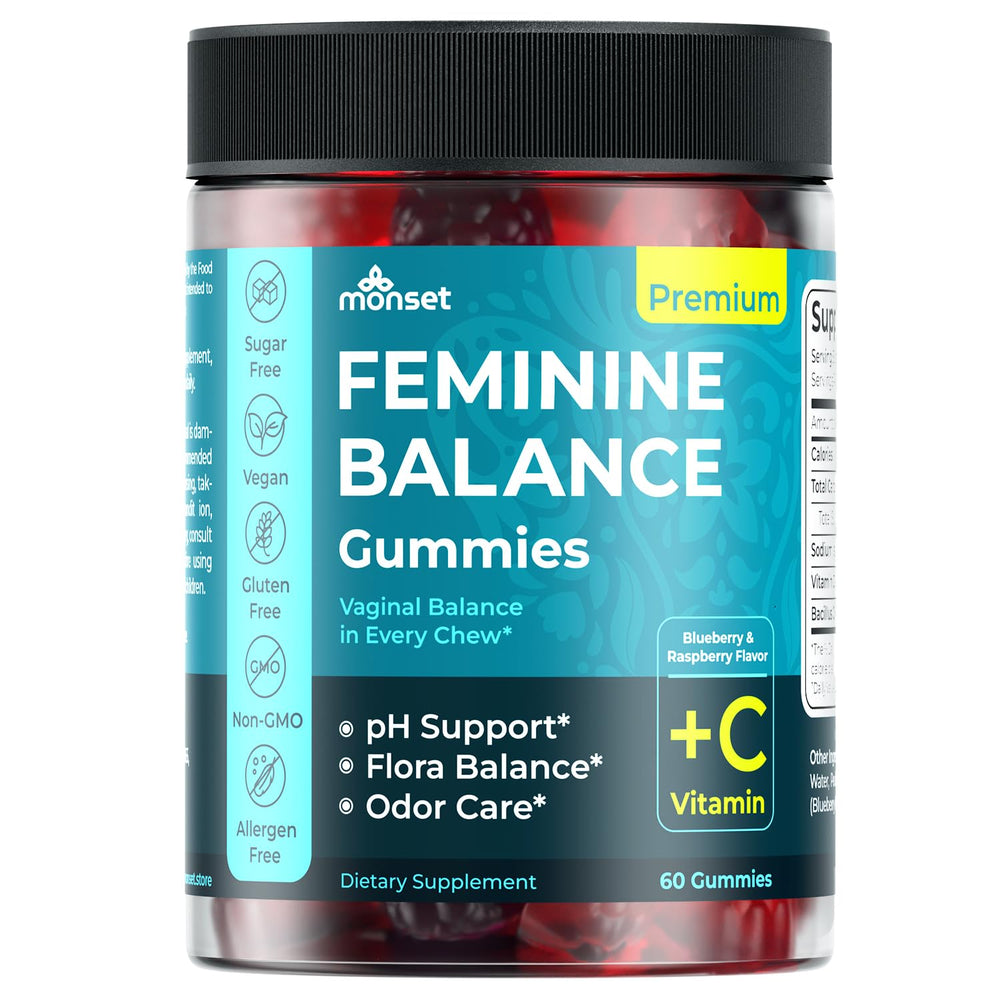 MONSET Feminine Balance Gummies jar front showing daily supportive probiotics.