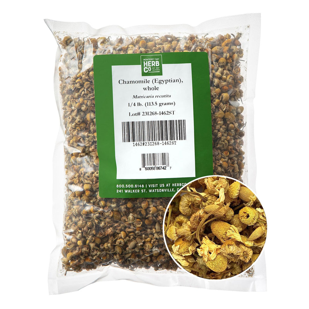 Monterey Bay Herb Co Egyptian Chamomile whole flowers for soothing tea blends.