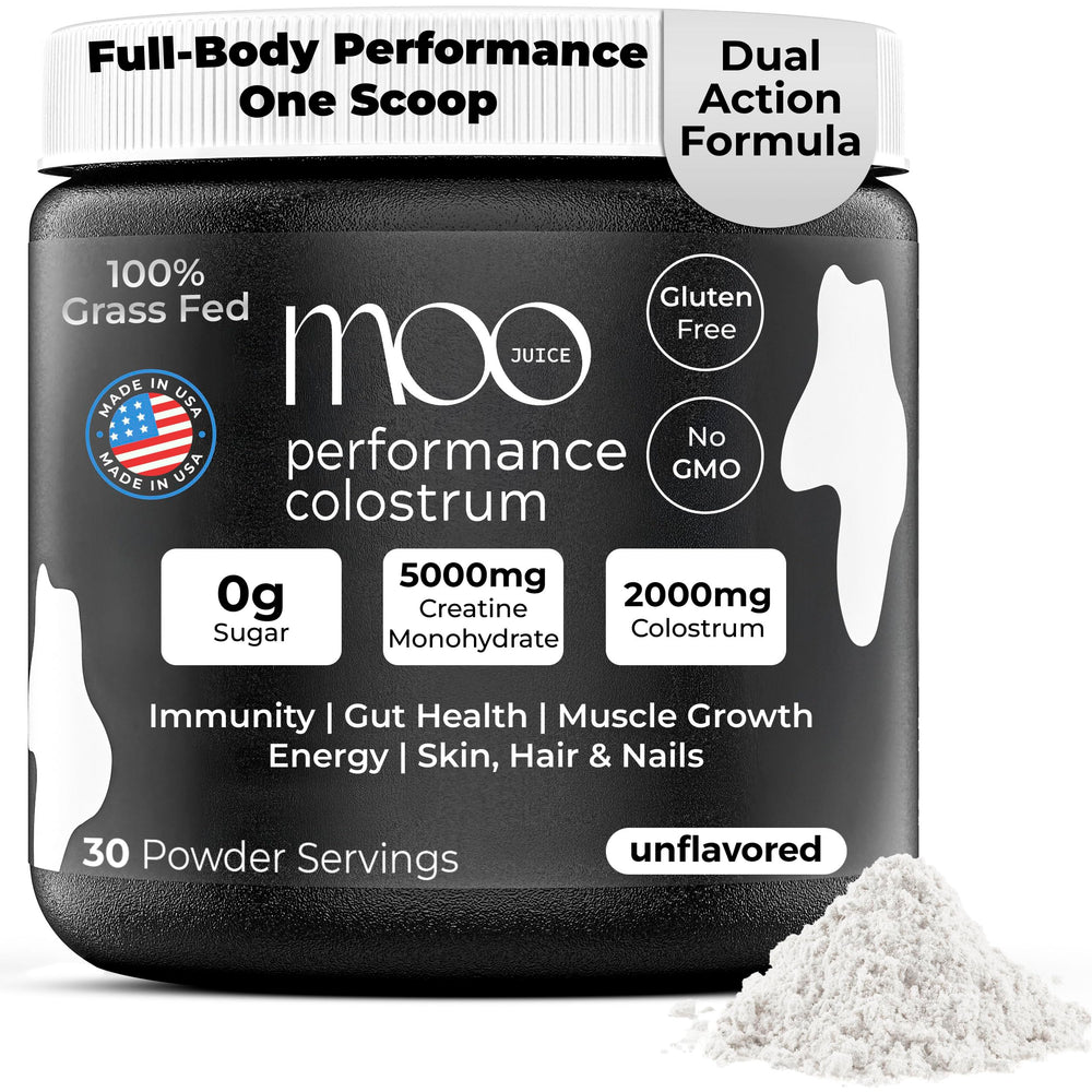 Moo Juice Colostrum Powder front label highlighting grass-fed sourcing and non-GMO quality.